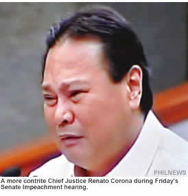 A more contrite Chief Justice Renato Corona during Friday's Senate Impeachment hearing
