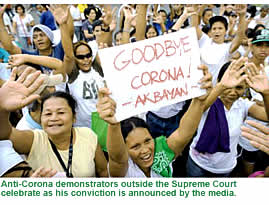 Anti-Corona demonstrators outside the Supreme Court celebrate as his conviction is announced by the media