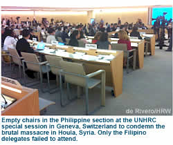 Empty chairs in the Philippine section at the UNHRC special session in Geneva, Switzerland to condemn the brutal massacre in Houla, Syria. Only the Filipino delegates failed to attend