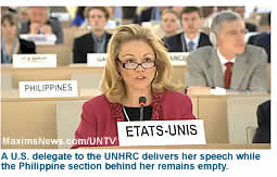 A U.S. delegate to the UNHRC delivers her speech while the Philippine section behind her remains empty