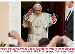 Pope Benedict XVI at Castel Gandolfo, where he expressed sorrow for the disasters in the Philippines, China and Iran