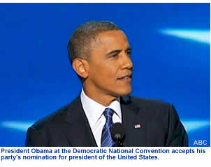 President Obama at the Democratic National Convention accepts his party's nomination for president of the United States