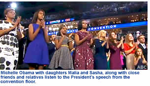 MIchelle Obama with daughters Malia and Sasha, along with close friends and relatives listen to the President's speech from the convention floor