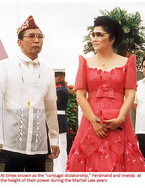At times known as the "conjugal dictatorship," Ferdinand and Imelda  at the height of their power during the Martial Law years