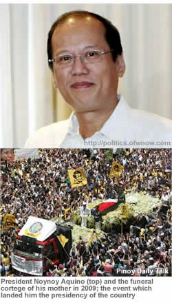 President Noynoy Aquino (top) and the funeral cortege of his mother in 2009; the event which landed him the presidency of the country