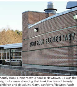 Sandy Hook Elementary School in Newtown, CT was the sight of a mass shooting that took the lives of twenty children and six adults. Gary Jeanfaivre/Newton Patch
