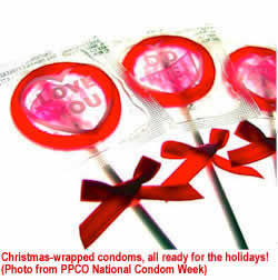 Christmas-wrapped condomes, all ready for the holidays!