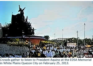 Crowds gather to listen to President Aquino at the EDSA Memorial in White Plains Quezon City on February 25, 2013