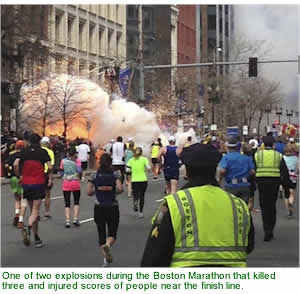 One of two explosions during the Boston Marathon that killed three and injured scores of people close to the finish line
