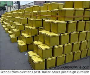 Scenes from elections past. Ballot boxes piled high curbside