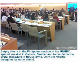 Empty chairs in the PH section at the UNHRC special session in Geneva, Switzerland to condemn the brutal massacre in Houla, Syria. Only the Fiilipino delegates failed to attend