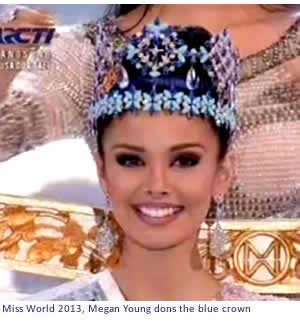 Miss World 2013, Megan Young dons the blue crown and golden sash. 
