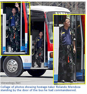 Collage of photos showing hostage-taker Rolando Mendoza standing by the door of the bus he had commandeered