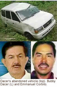 Dacer's abandoned vehicle (top). Bubby Dacer (L) and Emmanuel Corbito