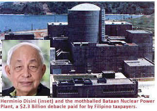 Herminio Disini (inset) and the mothballed Bataan Nuclear Power Plant, a $2.3 Billion debacle paid for by Filipino taxpayers