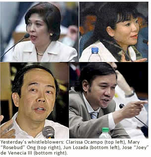 Yesterdays whistleblowers: Clarissa Ocampo (top left), Mary Rosebud Ong (top right), Jun Lozada (bottom left), Jose Joey de Venecia III (bottom right)