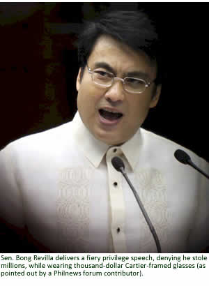 Sen. Bong Revilla delivers a fiery privilege speech, denying he stole millions, wearing thousand-dollar Cartier-framed glasses (as pointed out by a Philnews forum contributor)