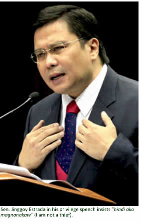 Sen. Jinggoy Estrada in his privilege speech insists "hindi ako magnanakaw" (I am not a thief)
