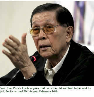 Sen. Juan Ponce Enrile argues that he is too old and frail to be sent to jail. Enrile turned 90 this past February 14th