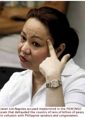 Janet Lim-Napoles accused mastermind in the PDAF/NGO scam that defrauded the country of tens of billion of pesos in collusion with Philippine senators and congressmen