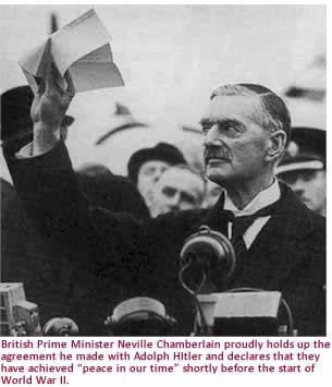 British Prime Minister Neville Chamberlain proudly displays the agreement he made with Adolph HItler and declares that they have achieved peace in our time shortly before the start of World War II
