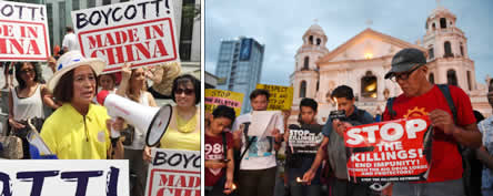 Loida Nicolas Lewis at an Anti-China rally (left photo). Filipinos demonstrate against extrajudicial killings (right photo)