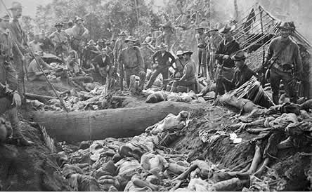 The bodies of Moro insurgents and civilians killed by US troops during the Battle of Bud Dajo in the Philippines, March 7, 1906