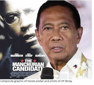 Composite graphic of movie poster and photo of VP Binay