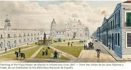 Painting of the Plaza Mayor de Manila in Intramuros circa 1847  from the Vistas de las islas Filipinas y trajes de sus habitantes at the Biblioteca Nacional de Espaa