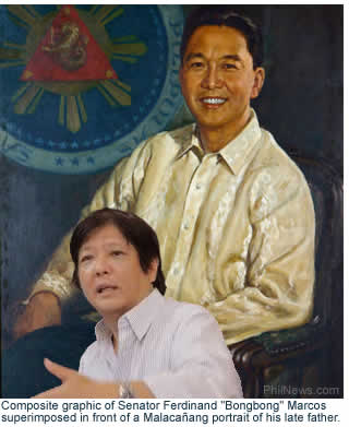 Composite graphic of Senator Ferdinand "Bongbong" Marcos superimposed in front of a Malacaang portrait of his late father