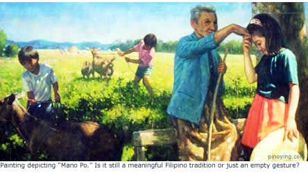 Painting depicting "Mano Po." Is it still a meaningful Filipino tradition or has it become an empty gesture?