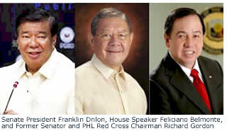 Senate President Franklin Drilon, House Speaker Feliciano Belmonte, and Former Senator and Philippine Red Cross Chairman Richard Gordon