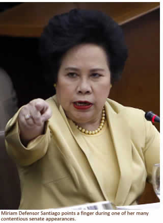 Miriam Defensor Santiago points a finger during one of her many contentious senate appearances