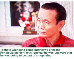Teofisto Guingona being interviewd after the Peninsula incident tells reporter he was unaware that he was going to be part of an uprising