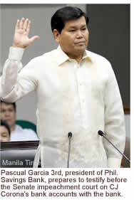 Pascual Garcia 3rd, president of Phil. Savings Bank, prepares to testify before the Senate impeachment court on CJ Corona's bank accounts with the bank