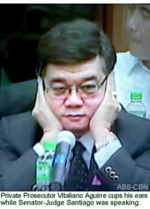 Private Prosecutor Vitaliano Aguirre cups his ears while Senator-Judge Santiago was speaking