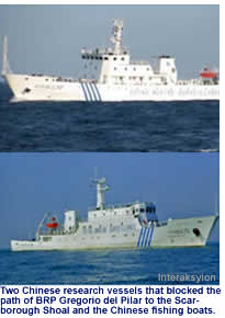 Two Chinese research vessels that blocked the path of BRP Gregorio del Pilar to the Scar- borough Shoal and the Chinese fishing boats